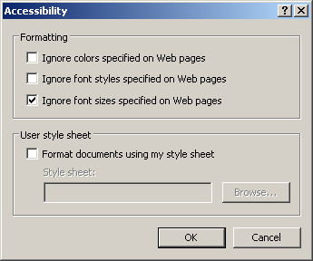 Internet accessibility options dialogue box