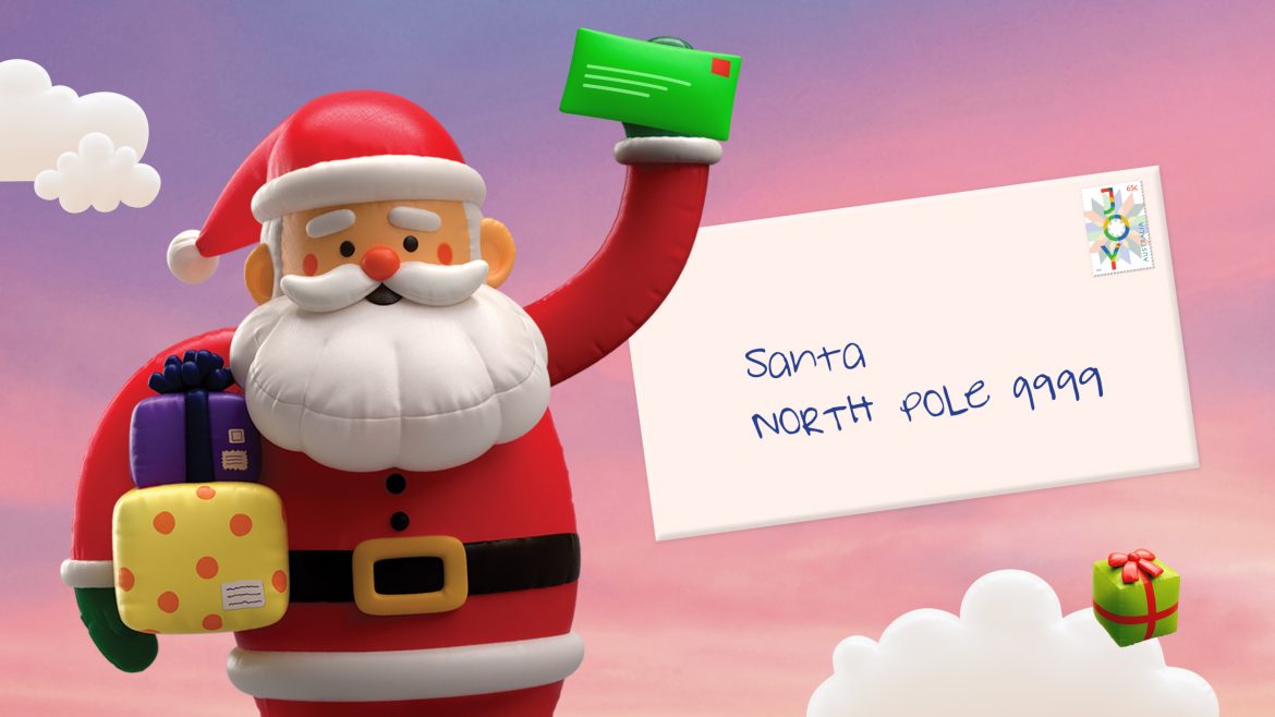A cartoon Santa holding presents next to an envelope