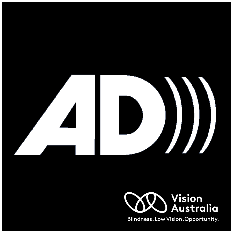 White capital Letters A and D on a black background. 3 sound waves arcing to the right from the curve of the letter D. Vision Australia logo in bottom right corner